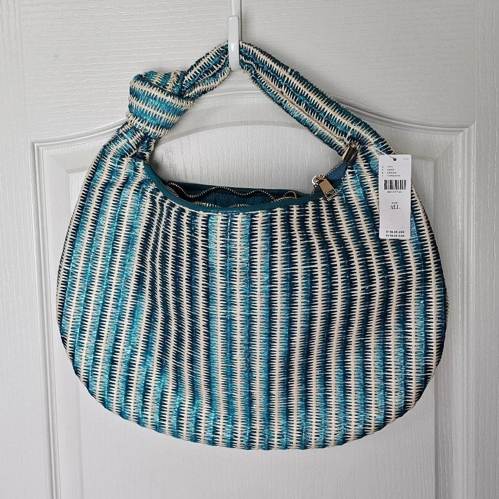 NWT- Melie Bianco Raffia Turquoise Brigitte Satchel- Anthropologie - Picture 5 of 9